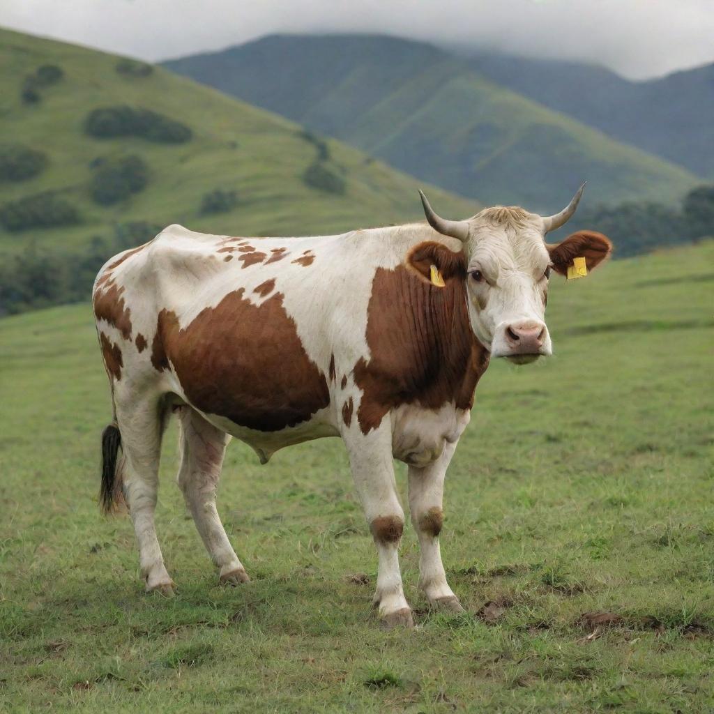 A realistic image of a Sapi, an Indonesian cow with beautiful patterns on its hide, calmly grazing in an open green field with sprawling hills in the background.