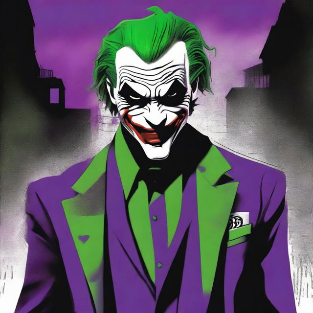 A detailed illustration of the Joker, the iconic villain from Batman, with his signature green hair, white face paint, and menacing smile