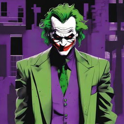 A detailed illustration of the Joker, the iconic villain from Batman, with his signature green hair, white face paint, and menacing smile