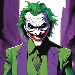 A detailed illustration of the Joker, the iconic villain from Batman, with his signature green hair, white face paint, and menacing smile