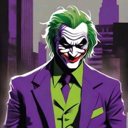 A detailed illustration of the Joker, the iconic villain from Batman, with his signature green hair, white face paint, and menacing smile