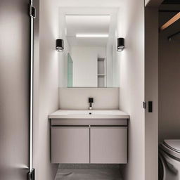 A neat and modern washroom with a stylish vanity sink, a sleek washbasin, and a built-in closet for ample storage