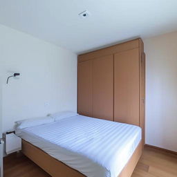 Small room featuring a cozy bed, a multipurpose table, a fixed cupboard and a movable cupboard, adjacent to an attached bathroom.