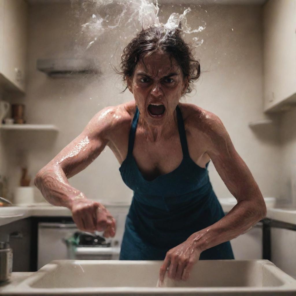 An intense image of a woman washing dishes, embodying the fury of a wrathful deity, her body erupting with an otherworldly level of anger, power, and energy, the environment rippling and distorting under her intense rage