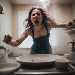 An intense image of a woman washing dishes, embodying the fury of a wrathful deity, her body erupting with an otherworldly level of anger, power, and energy, the environment rippling and distorting under her intense rage