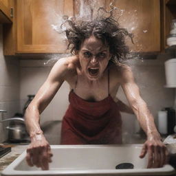 An intense image of a woman washing dishes, embodying the fury of a wrathful deity, her body erupting with an otherworldly level of anger, power, and energy, the environment rippling and distorting under her intense rage