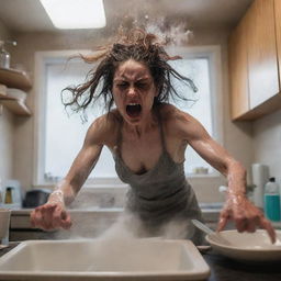 An intense image of a woman washing dishes, embodying the fury of a wrathful deity, her body erupting with an otherworldly level of anger, power, and energy, the environment rippling and distorting under her intense rage