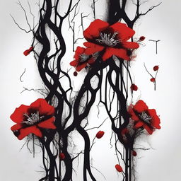 Create an image of dark blood dripping from flowers and twisted veins