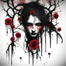 Create an image of dark blood dripping from flowers and twisted veins