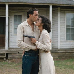 In front of an old house, a vitiligo-affected girl holding a gun to a man's heart, and a handsome tall man are kissing.