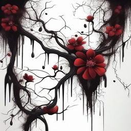 Create an image of dark blood dripping from flowers and twisted veins