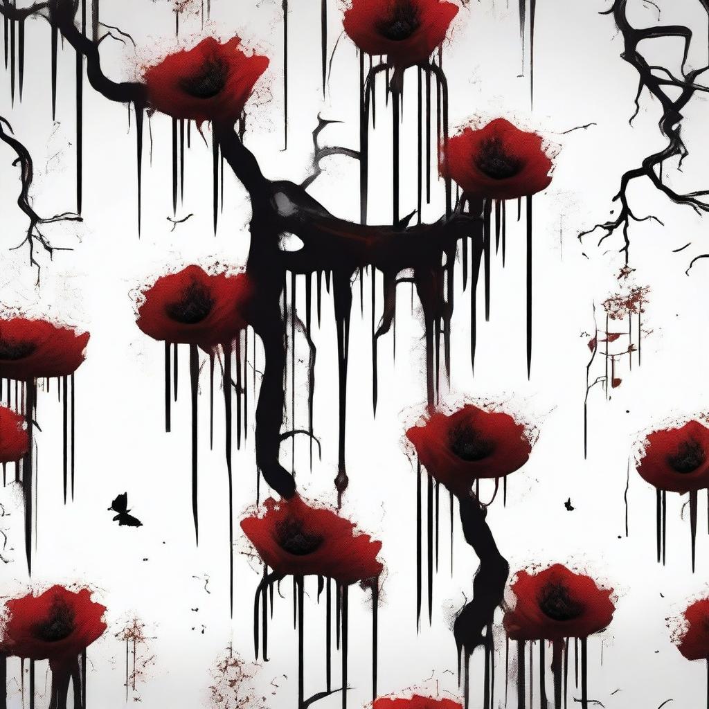 Create an image of dark blood dripping from flowers and twisted veins