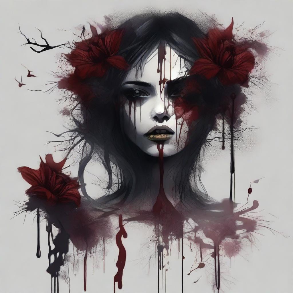 Create an image of dark blood dripping from flowers and twisted veins