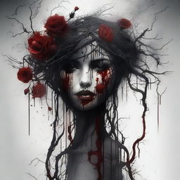 Create an image of dark blood dripping from flowers and twisted veins