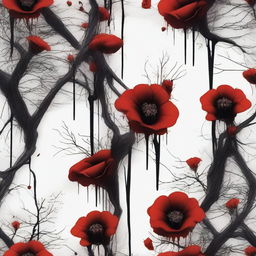 Create an image of dark blood dripping from flowers and twisted veins