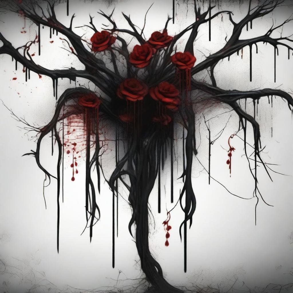 Create an image of dark blood dripping from flowers and twisted veins