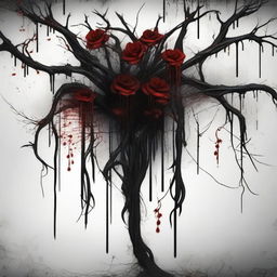 Create an image of dark blood dripping from flowers and twisted veins