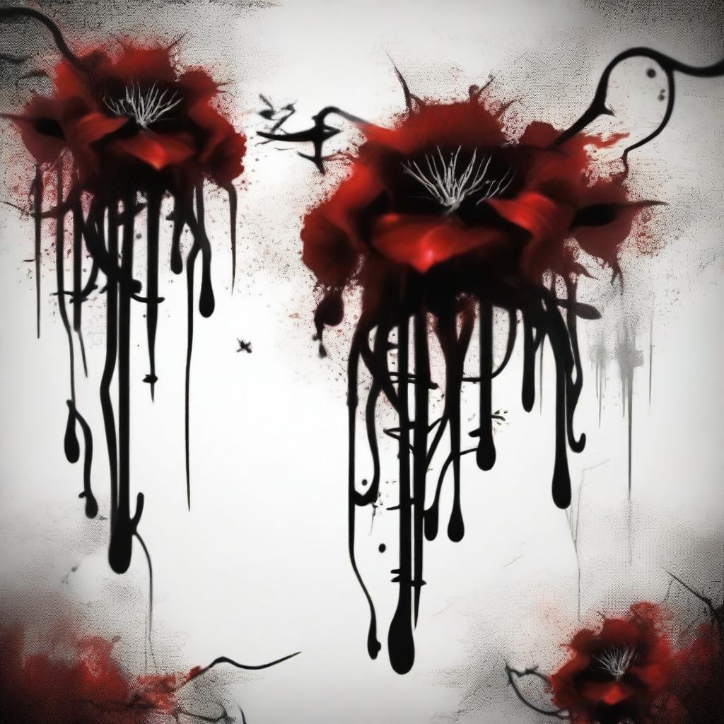 Create an image featuring dark blood dripping from flowers and twisted veins against a dark background