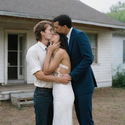 In front of an old house, a vitiligo-affected girl holding a gun to a man's heart, and a handsome tall man are kissing.