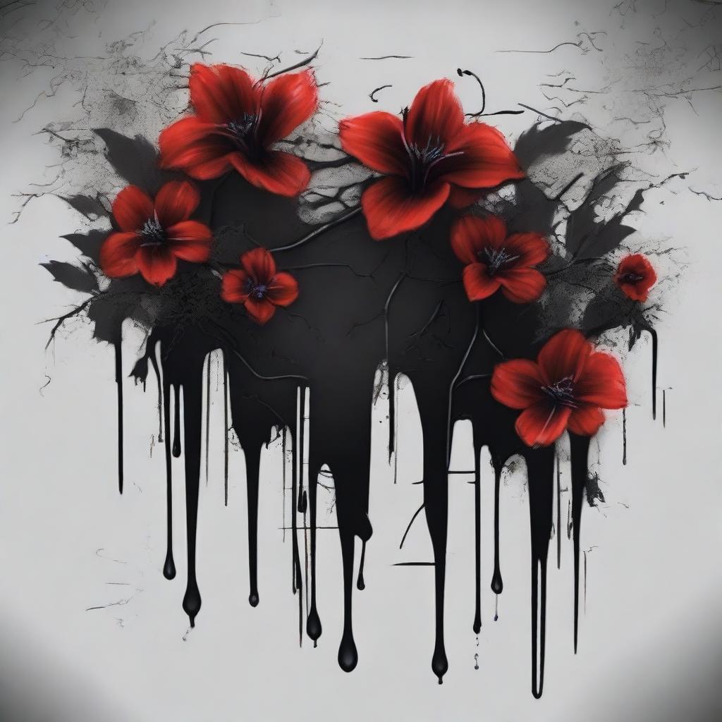 Create an image featuring dark blood dripping from flowers and twisted veins against a dark background