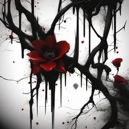 Create an image featuring dark blood dripping from flowers and twisted veins against a dark background