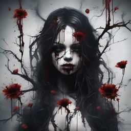 Create an image with dark blood dripping from flowers and twisted veins against a dark background