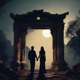 Create an image of a couple standing in front of a ruined temple at night