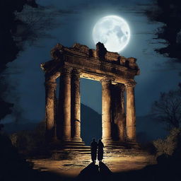 Create an image of a couple standing in front of a ruined temple at night