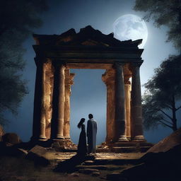 Create an image of a couple standing in front of a ruined temple at night