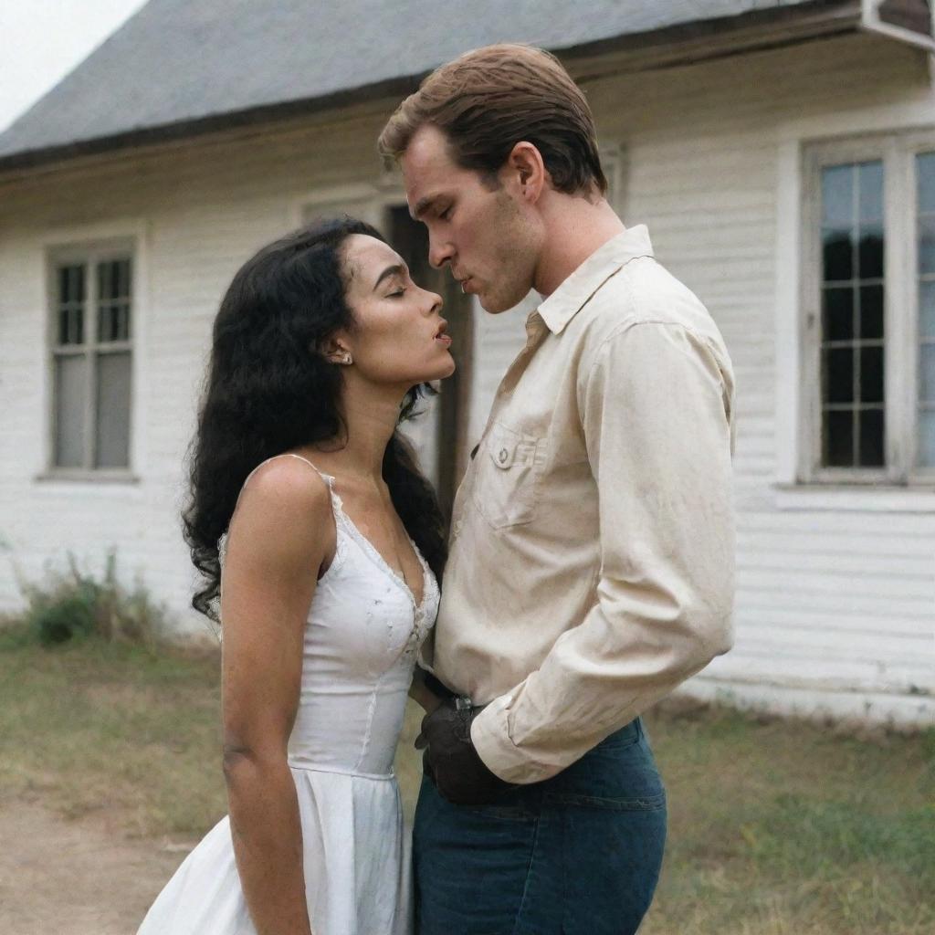 In front of an old house, a vitiligo-affected girl holding a gun to a man's heart, and a handsome tall man are kissing.