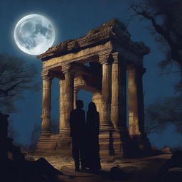 Create an image of a couple standing in front of a ruined temple at night