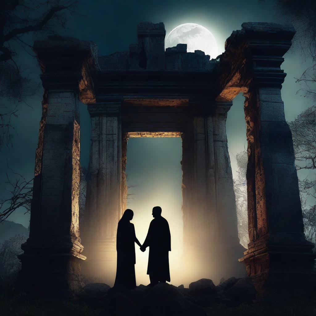 Create an image of a couple standing in front of a ruined temple in the dark