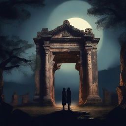 Create an image of a couple standing in front of a ruined temple in the dark