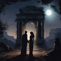 Create an image of a couple standing in front of a ruined temple in the dark