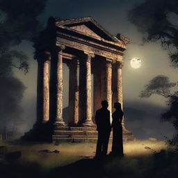 Create an image of a couple standing in front of a ruined temple in the dark