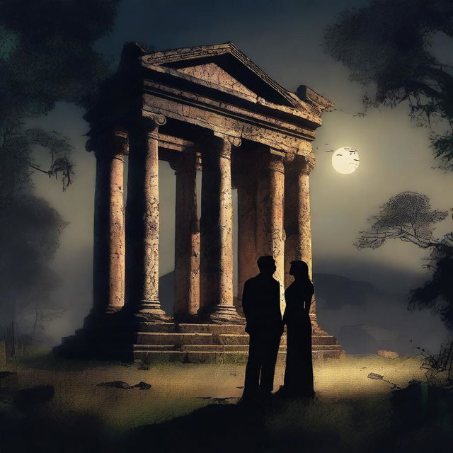 Create an image of a couple standing in front of a ruined temple in the dark