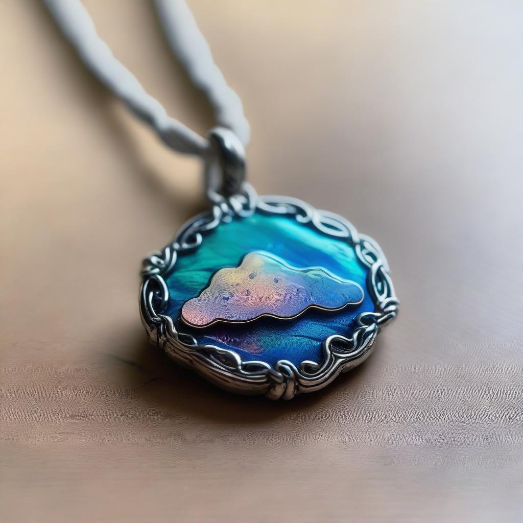 A small, silver amulet shaped like a cloud, shimmering with an iridescent glow