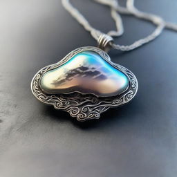 A small, silver amulet shaped like a cloud, shimmering with an iridescent glow