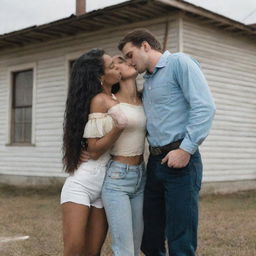 In front of an old house, a vitiligo-affected girl holding a gun to a man's heart, and a handsome tall man are kissing.