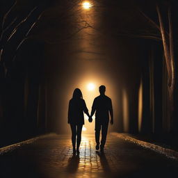 Create an image of a couple holding hands in the dark