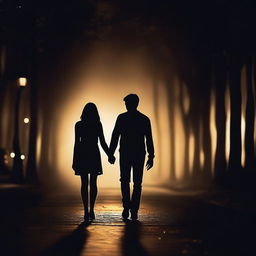 Create an image of a couple holding hands in the dark