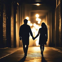 Create an image of a couple holding hands in the dark