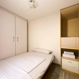 Small room featuring a cozy bed, a multipurpose table, a fixed cupboard and a movable cupboard, adjacent to an attached bathroom.