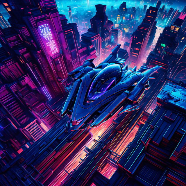 A sleek, futuristic flying car soars through a sprawling cyberpunk dystopia, with neon-lit skyscrapers and chaotic streets below, creating a visually stunning and complex atmosphere