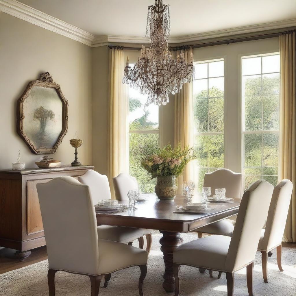 A beautifully decorated dining room with a large wooden table, elegant chairs, and a chandelier hanging above