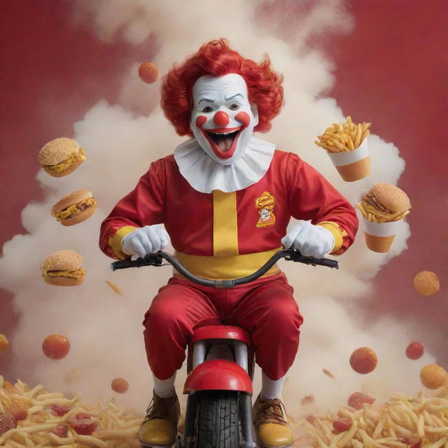 An emotional Ronald McDonald riding on the back of a playful Jollibee, surrounded by an eruption of French fries and burgers.