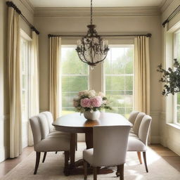 A beautifully decorated dining room with a large wooden table, elegant chairs, and a chandelier hanging above