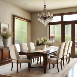 A beautifully decorated dining room with a large wooden table, elegant chairs, and a chandelier hanging above