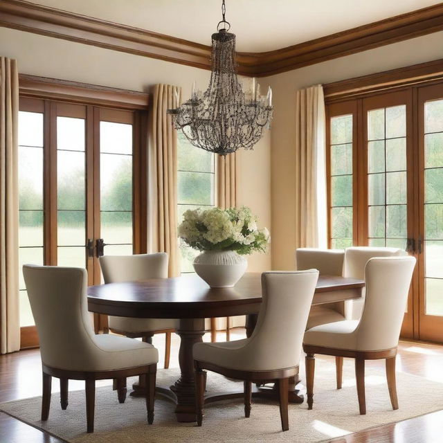 A beautifully decorated dining room with a large wooden table, elegant chairs, and a chandelier hanging above