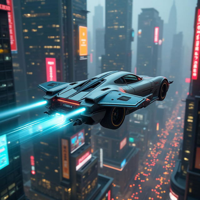 A sleek, futuristic flying car navigates through a cyberpunk dystopian cityscape filled with towering skyscrapers, neon lights, and holographic advertisements